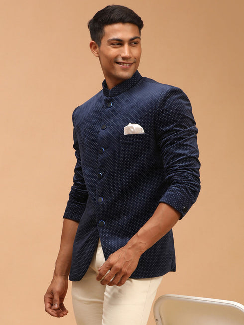 Men's Blue Polka Dot Printed Velvet Jodhpuri